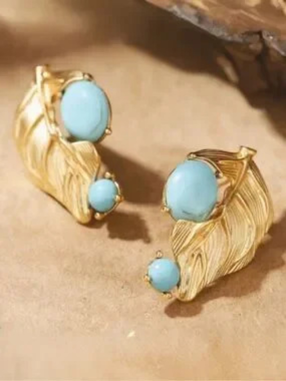 Celestine Blue Sculpted Leaf Earrings with Turquoise Stones